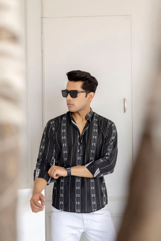 Men Cotton Printed Short Black And Grey Kurta