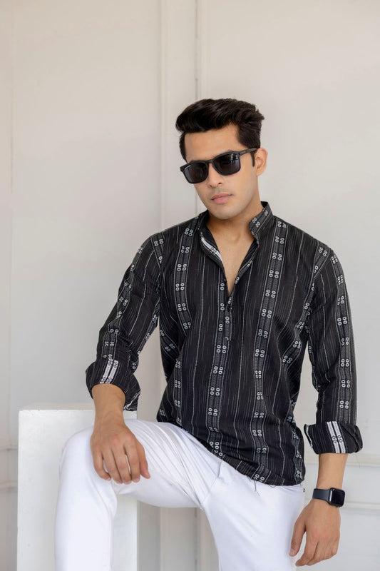 Men Cotton Printed Short Black And Grey Kurta