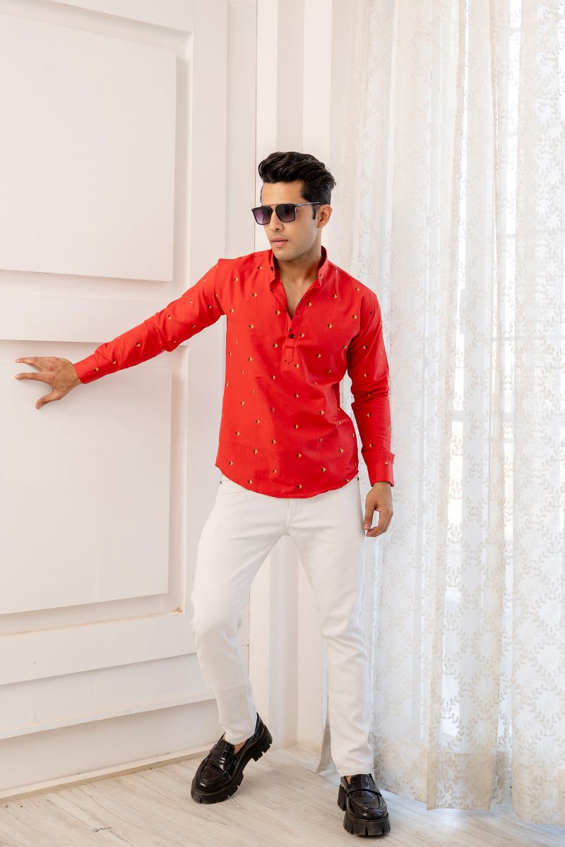 Men Cotton Printed Short Red Kurta.