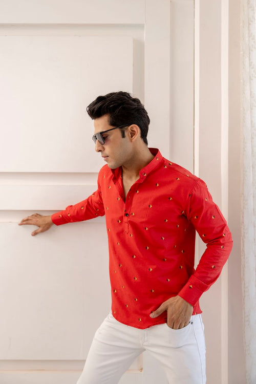 Men Cotton Printed Short Red Kurta.