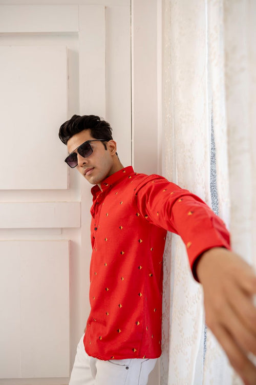 Men Cotton Printed Short Red Kurta.