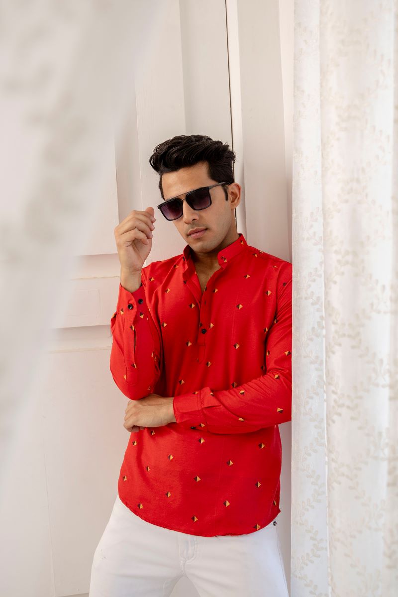 Men Cotton Printed Short Red Kurta.