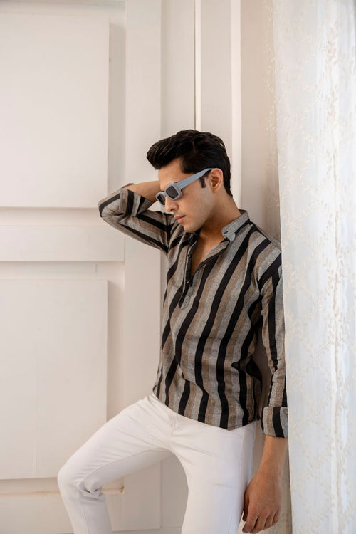 Men Cotton Striped Short Black Kurta