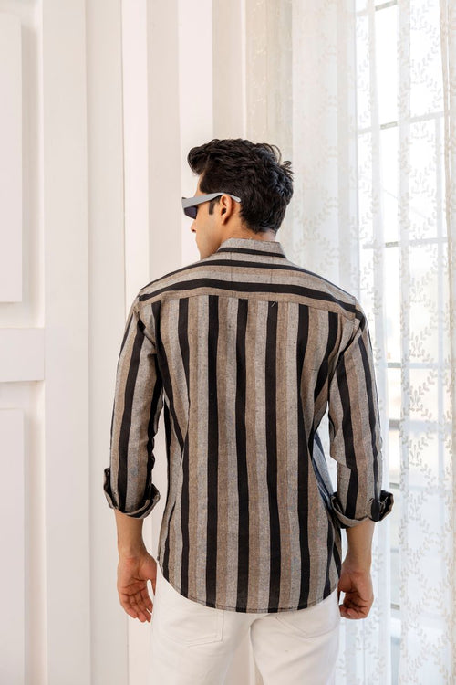 Men Cotton Striped Short Black Kurta