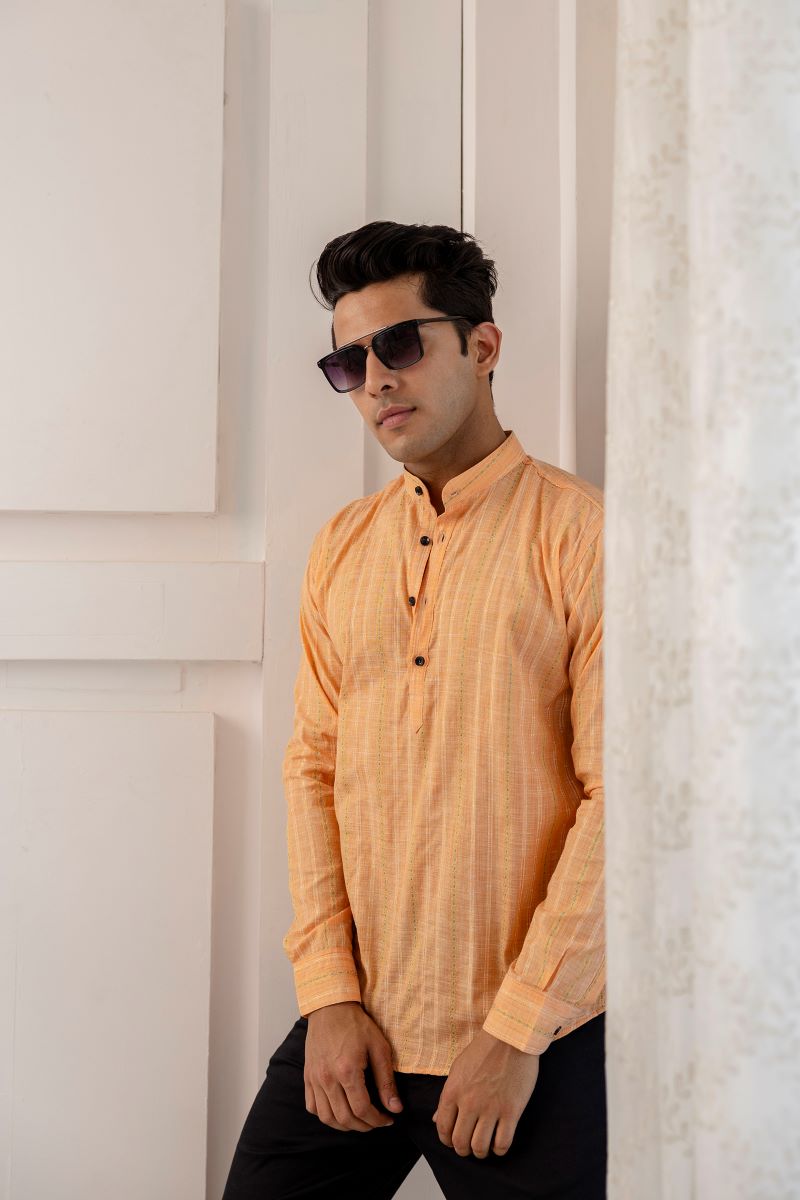 Men Khadi Cotton Printed Short Peach Kurta.