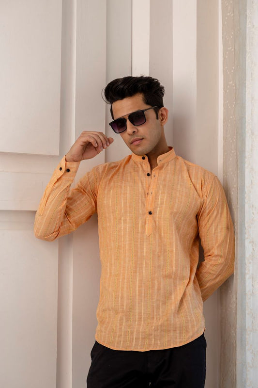 Men Khadi Cotton Printed Short Peach Kurta.