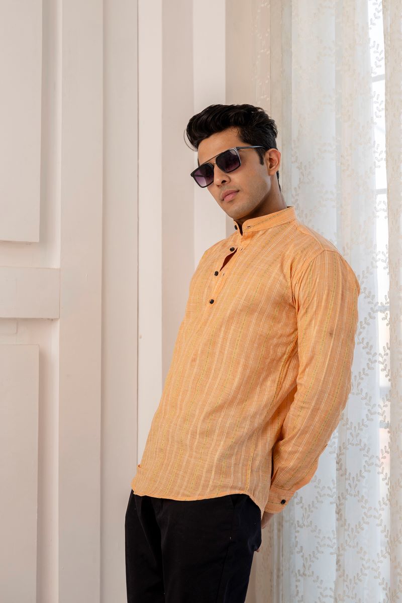 Men Khadi Cotton Printed Short Peach Kurta.