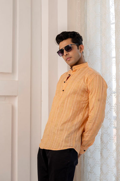 Men Khadi Cotton Printed Short Peach Kurta.