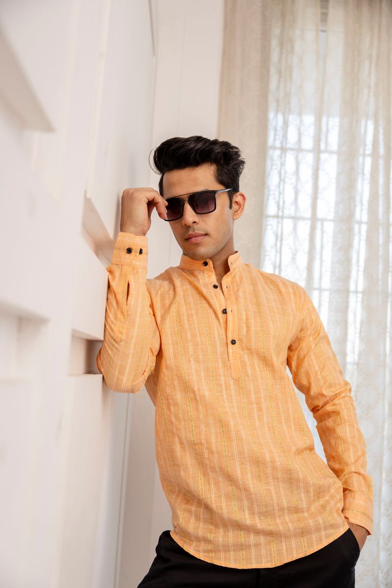 Men Khadi Cotton Printed Short Peach Kurta.