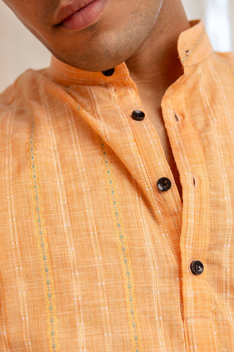 Men Khadi Cotton Printed Short Peach Kurta.