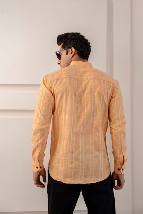 Men Khadi Cotton Printed Short Peach Kurta.