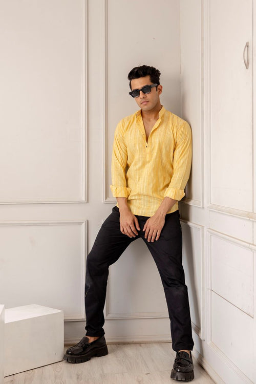 Men Khadi Cotton Printed Short Yellow Kurta.