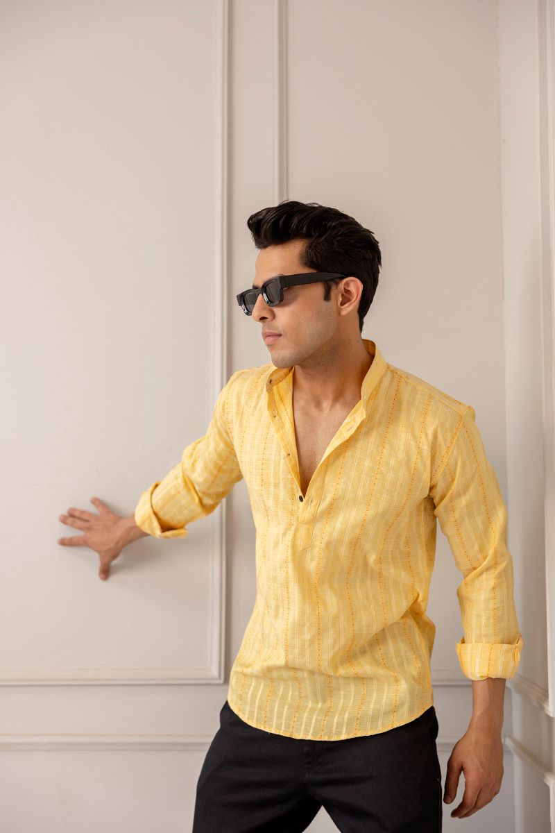 Men Khadi Cotton Printed Short Yellow Kurta.