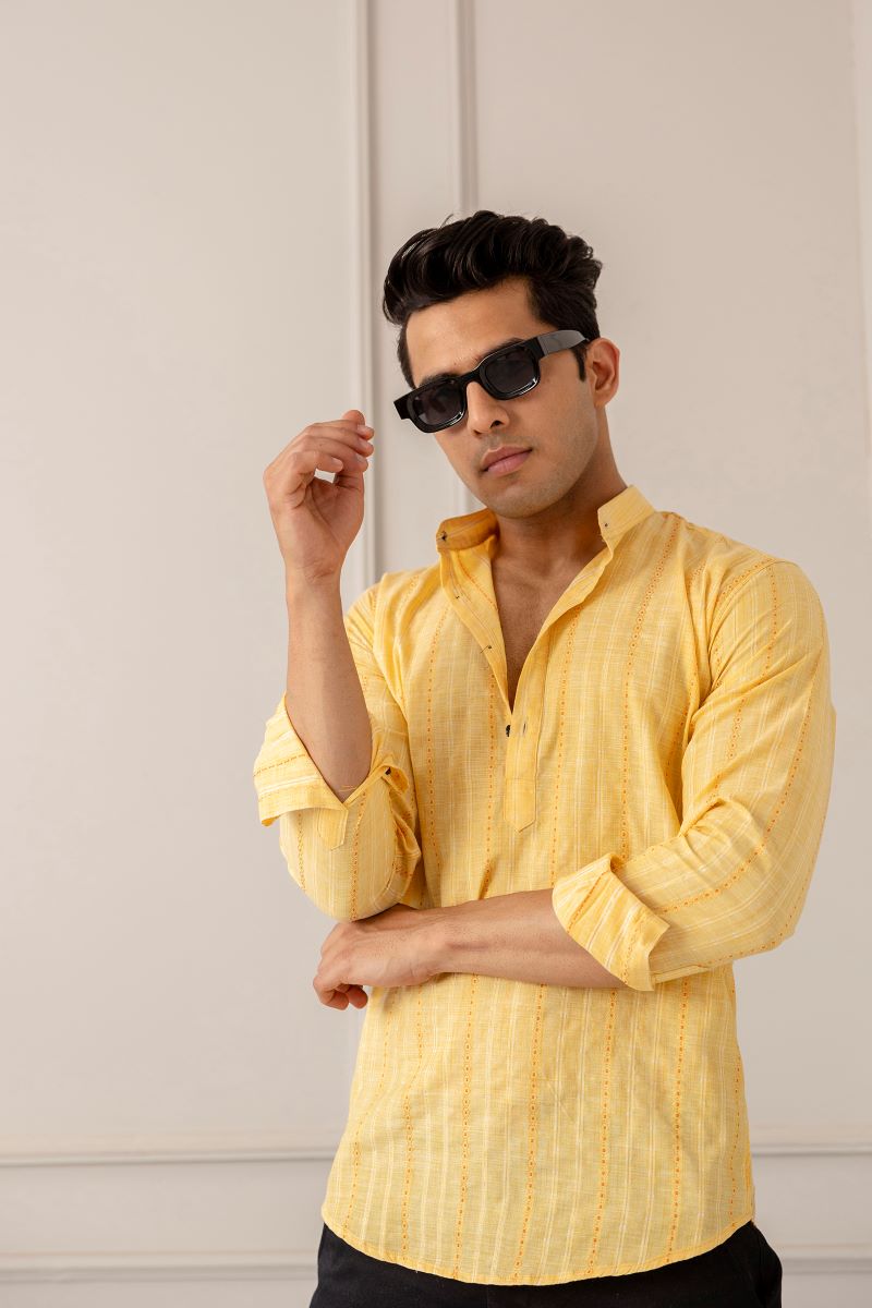 Men Khadi Cotton Printed Short Yellow Kurta.