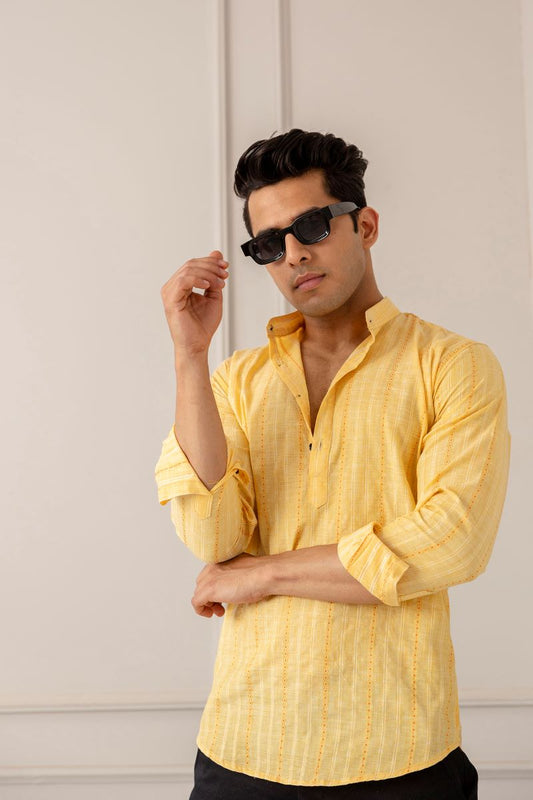 Men Khadi Cotton Printed Short Yellow Kurta.