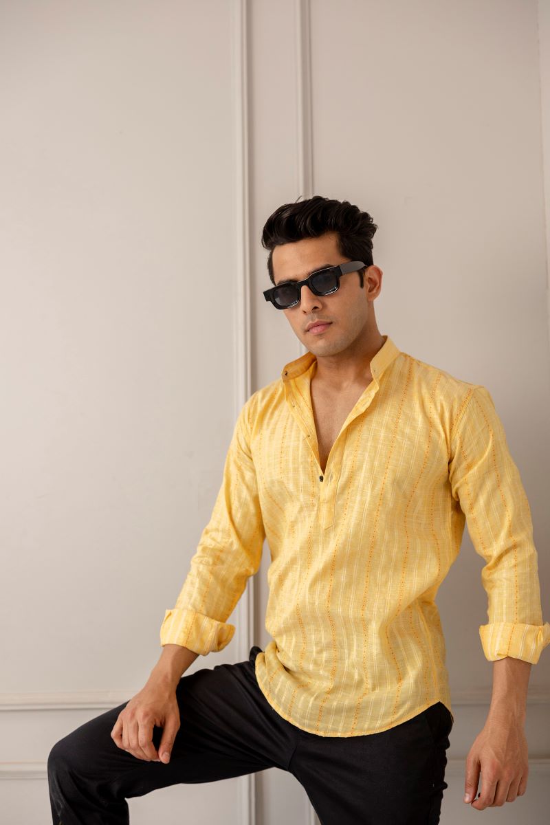 Men Khadi Cotton Printed Short Yellow Kurta.