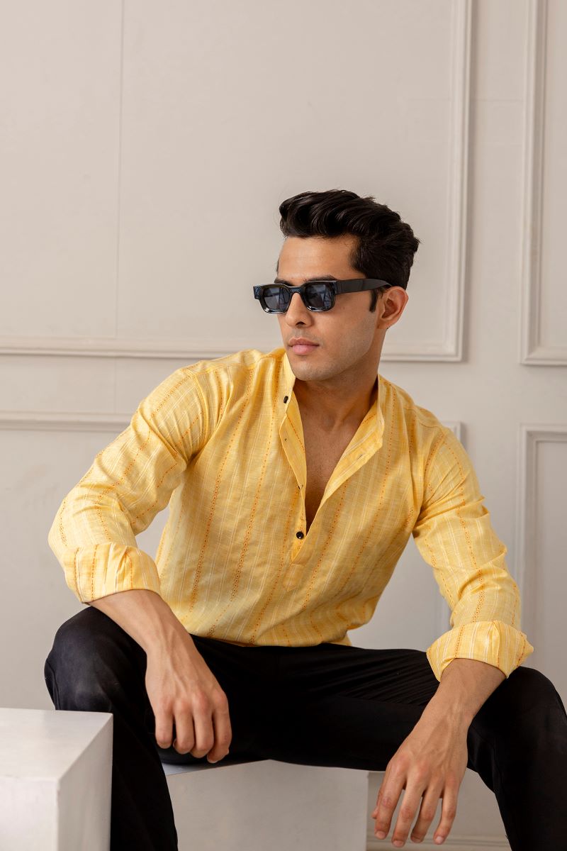 Men Khadi Cotton Printed Short Yellow Kurta.