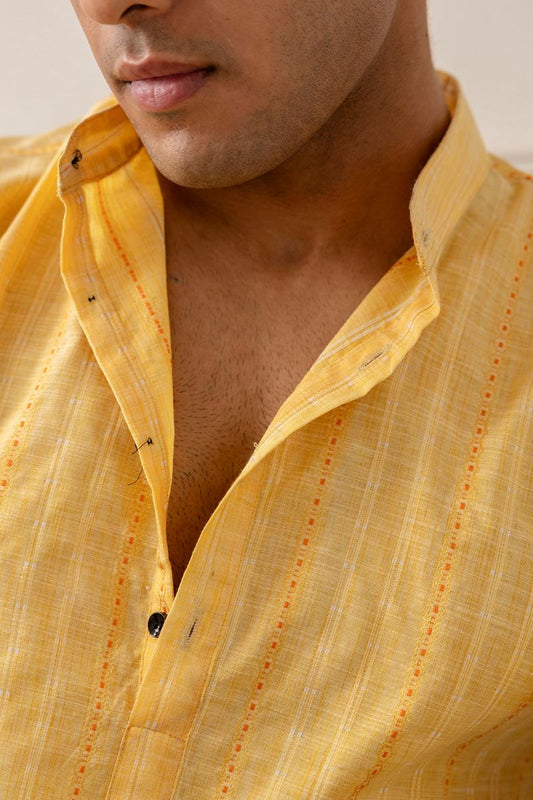 Men Khadi Cotton Printed Short Yellow Kurta.