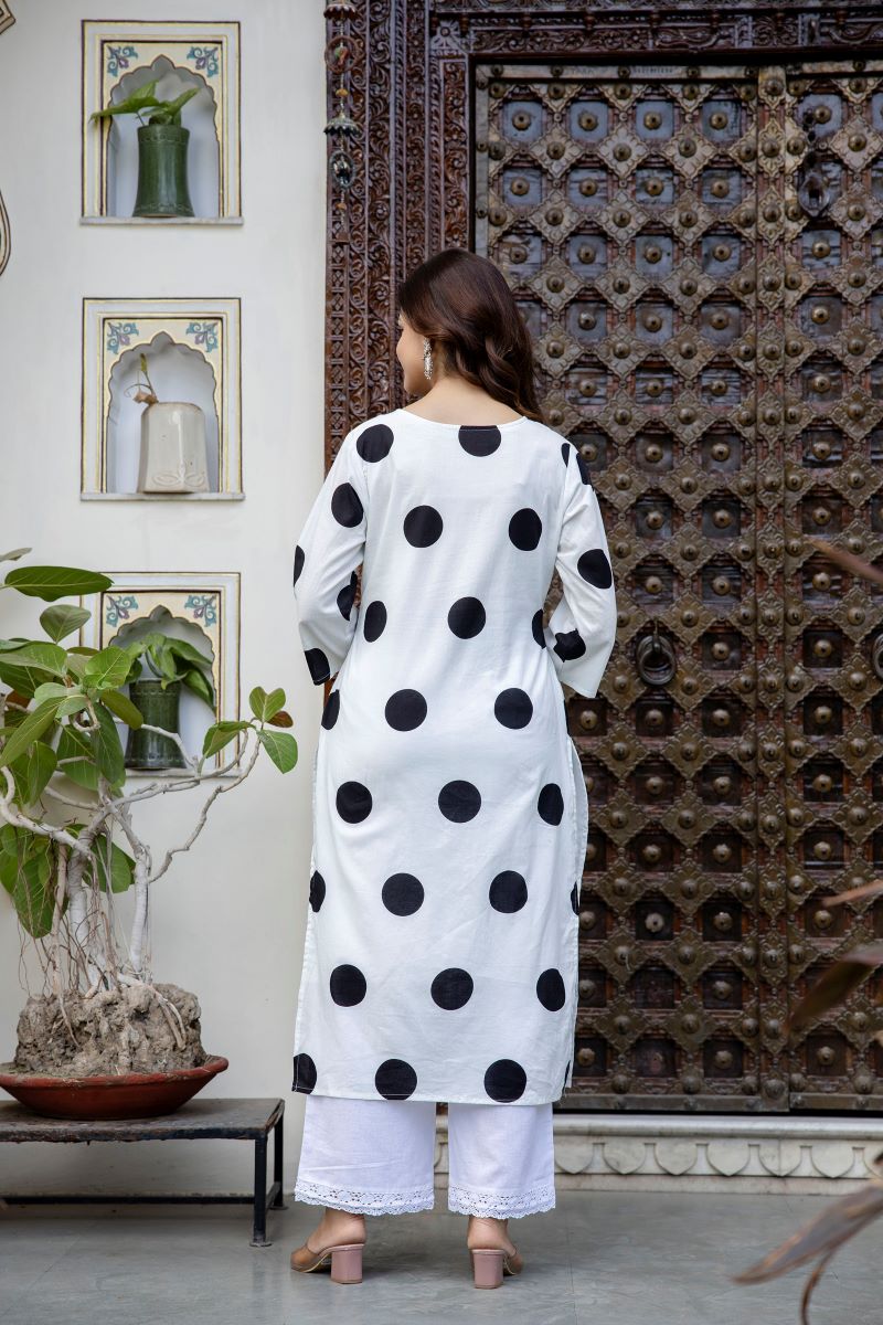 White And Black Cotton Straight Kurta.