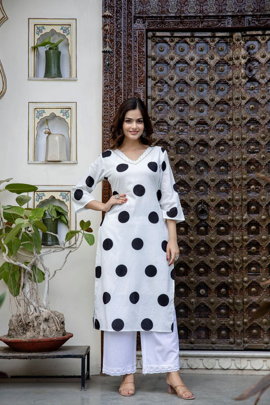 White And Black Cotton Straight Kurta.