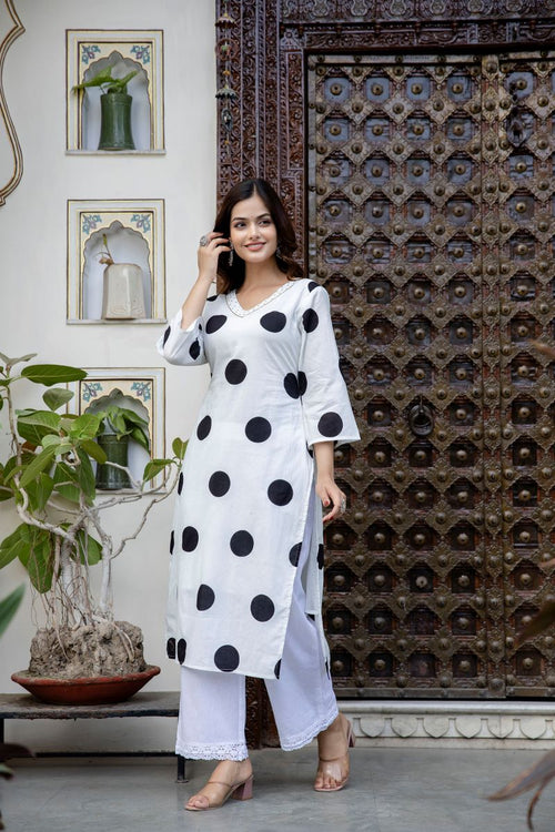 White And Black Cotton Straight Kurta.