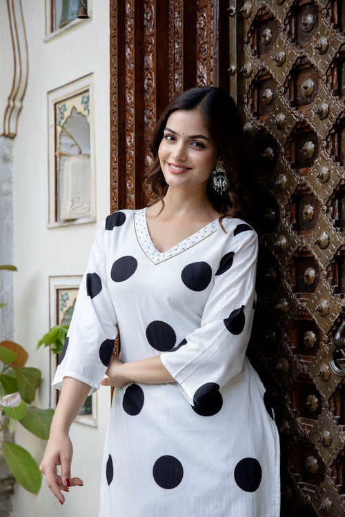 White And Black Cotton Straight Kurta.