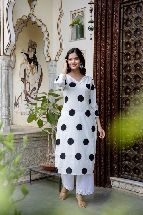 White And Black Cotton Straight Kurta.