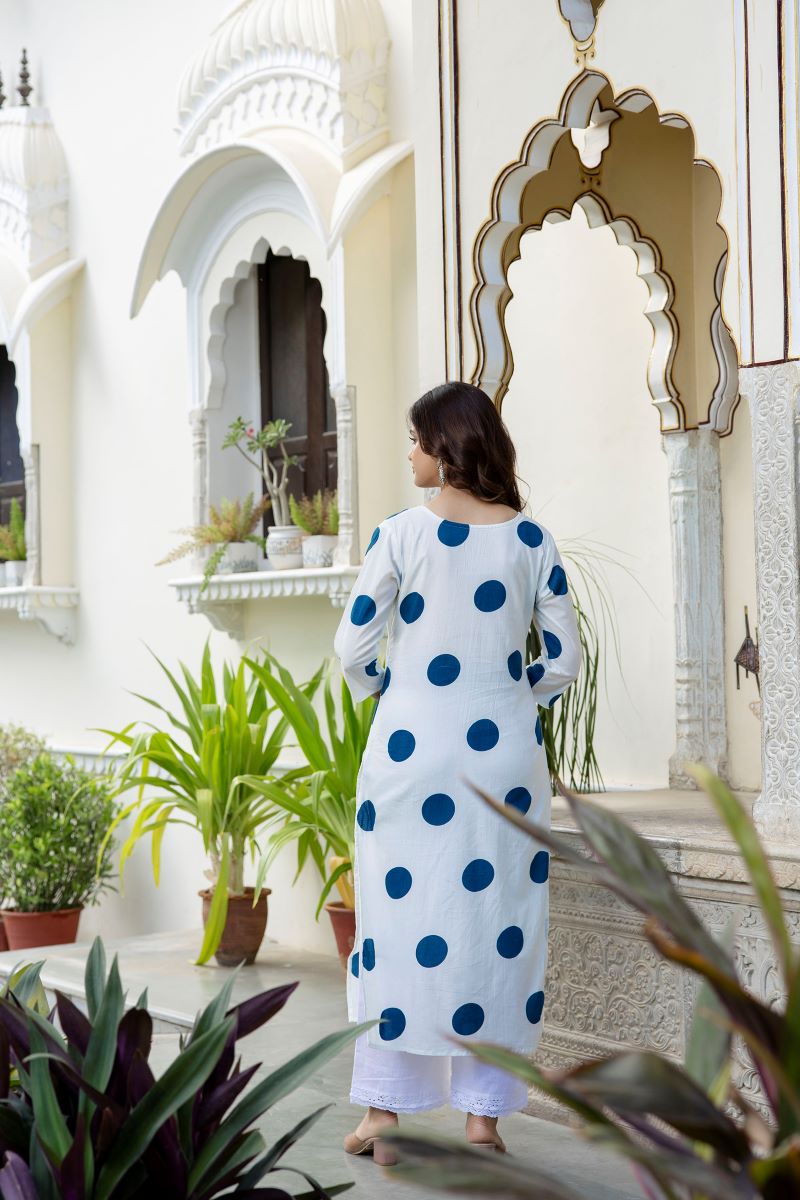 White And Sky Blue Cotton Straight Kurta.