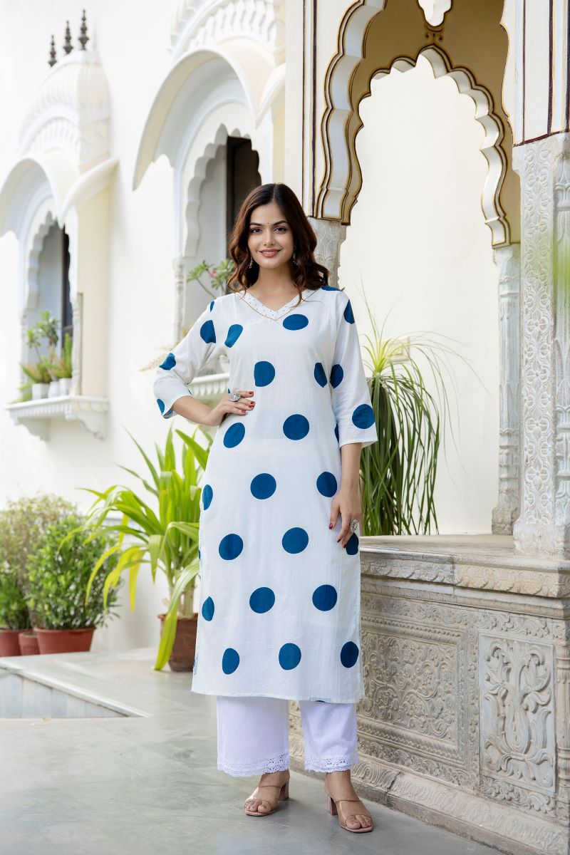 White And Sky Blue Cotton Straight Kurta.