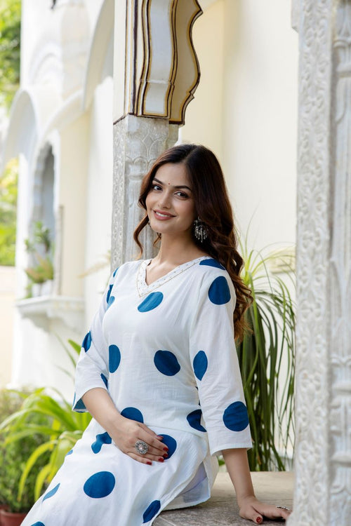 White And Sky Blue Cotton Straight Kurta.