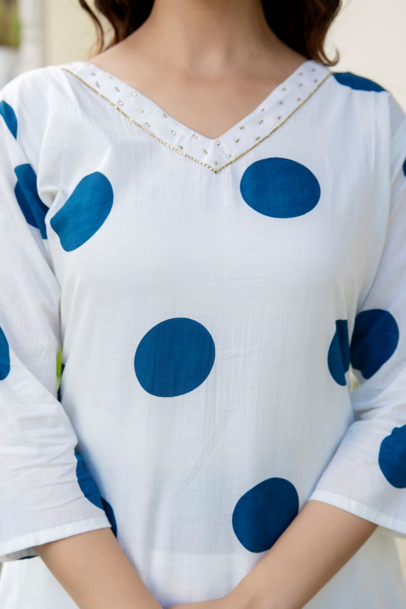 White And Sky Blue Cotton Straight Kurta.