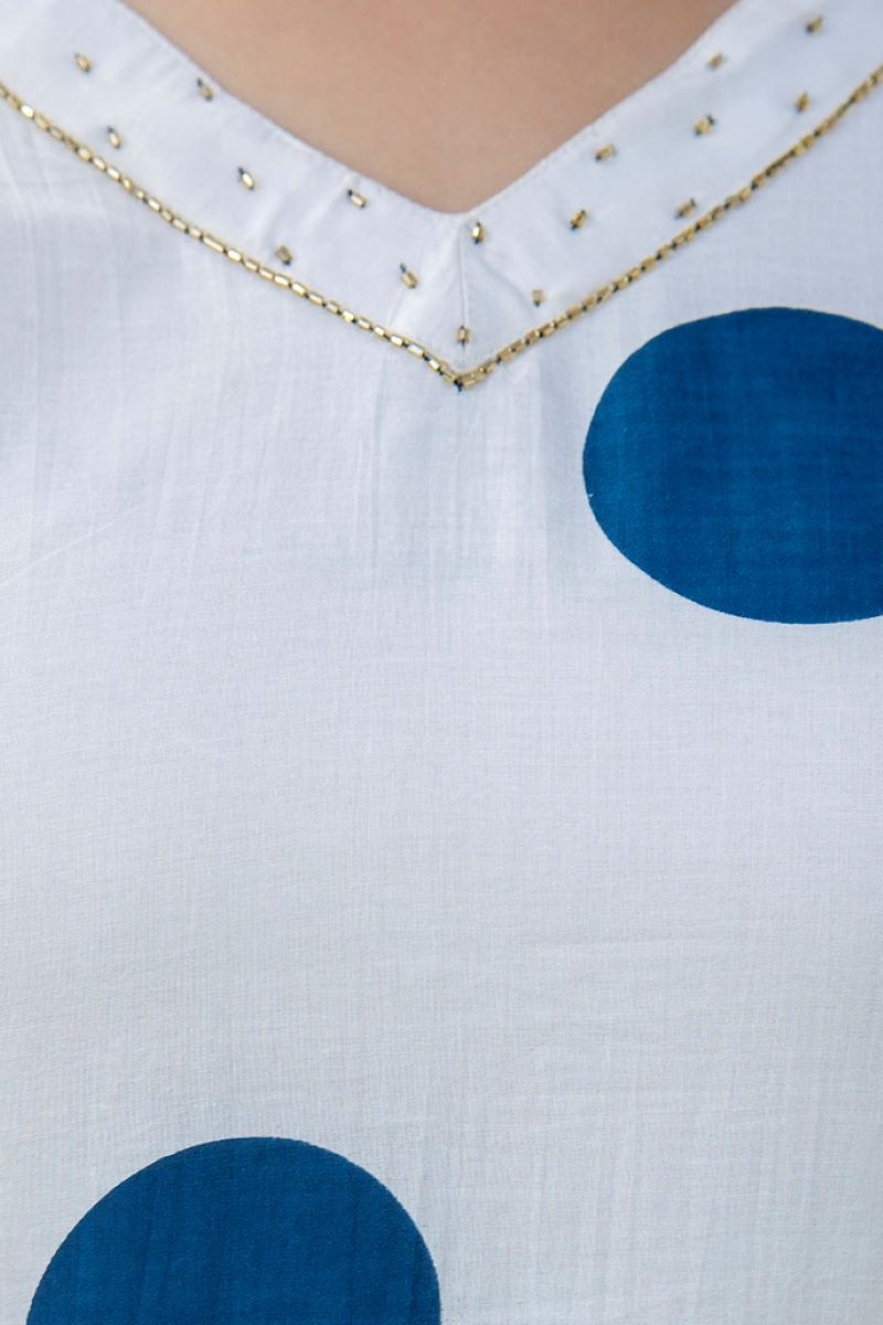 White And Sky Blue Cotton Straight Kurta.