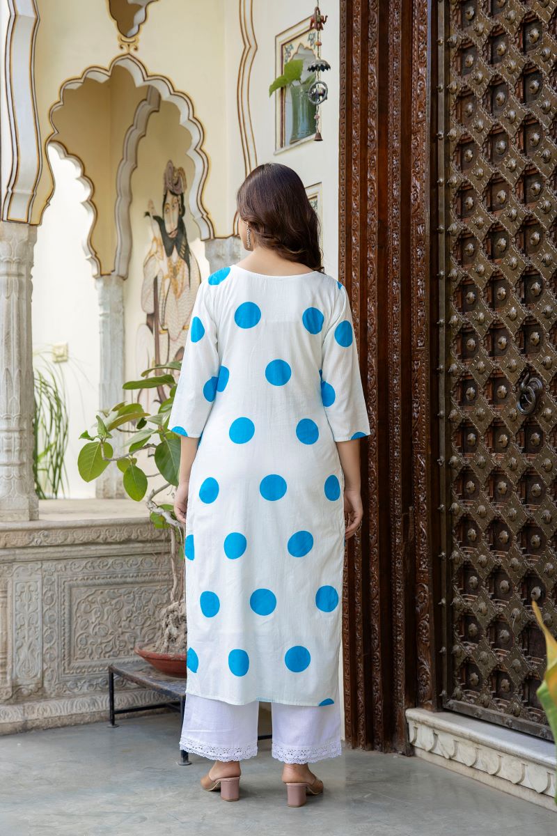 White And Blue Cotton Straight Kurta.