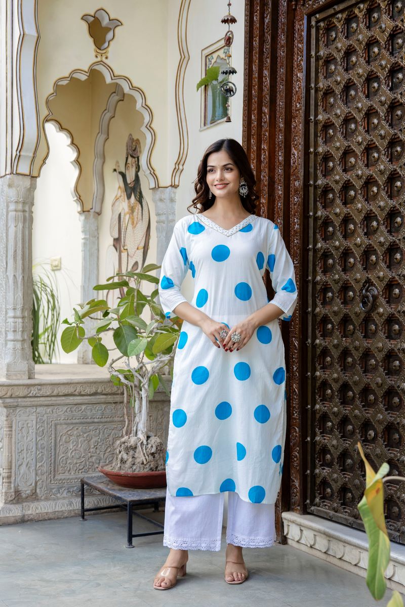 White And Blue Cotton Straight Kurta.