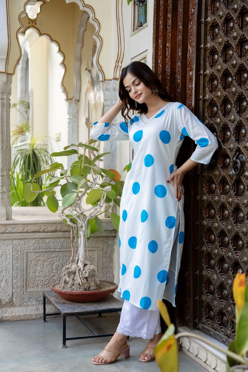 White And Blue Cotton Straight Kurta.