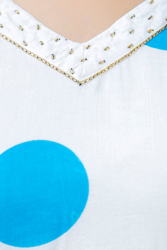 White And Blue Cotton Straight Kurta.