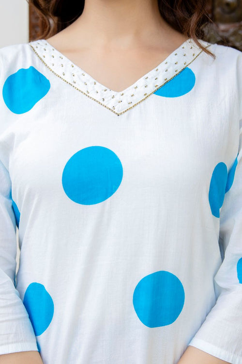 White And Blue Cotton Straight Kurta.