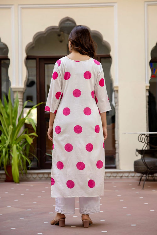 White And Pink Cotton Straight Kurta.