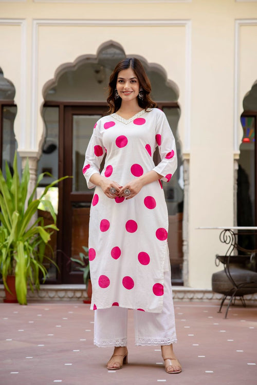 White And Pink Cotton Straight Kurta.