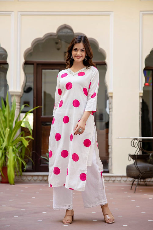 White And Pink Cotton Straight Kurta.