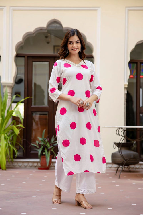 White And Pink Cotton Straight Kurta.