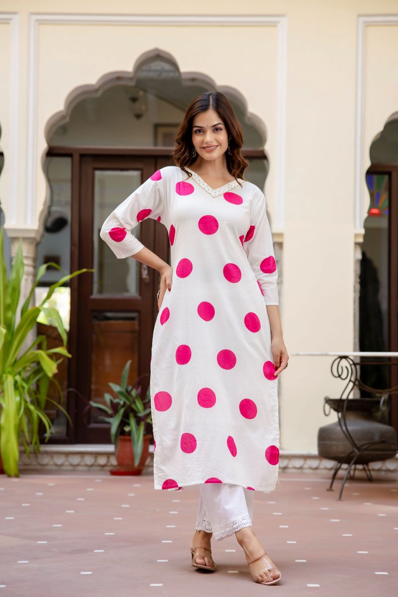 White And Pink Cotton Straight Kurta.