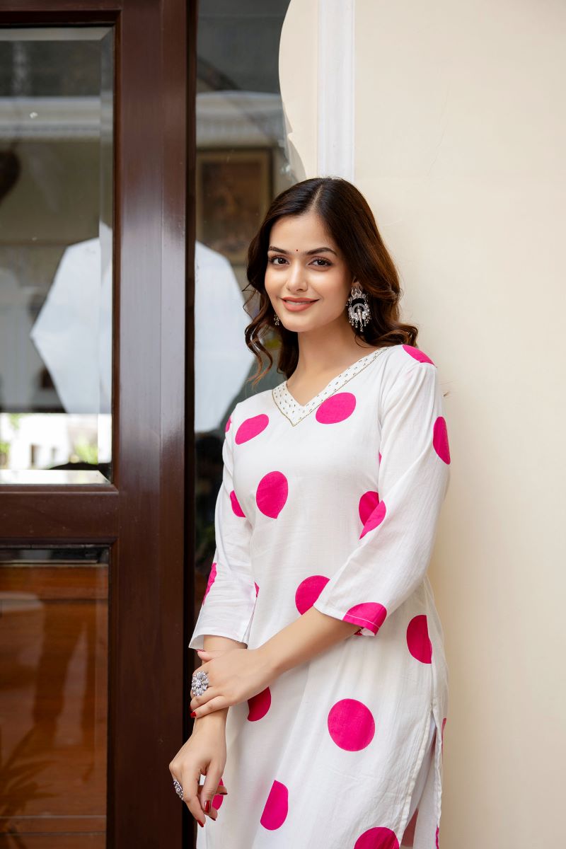 White And Pink Cotton Straight Kurta.