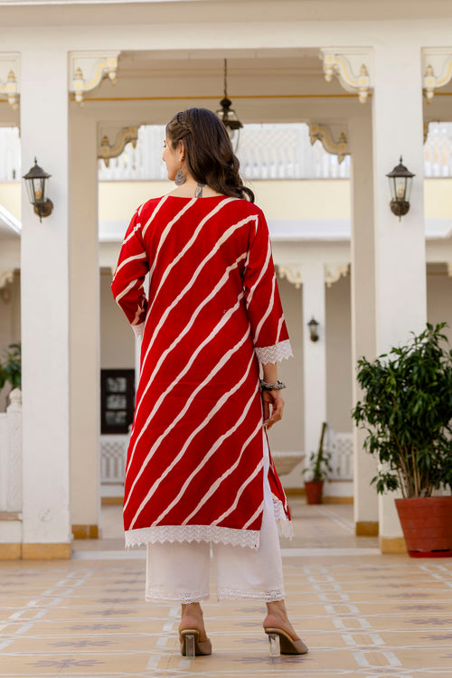 Red Printed Embroidered Pure Cotton Straight Kurta.