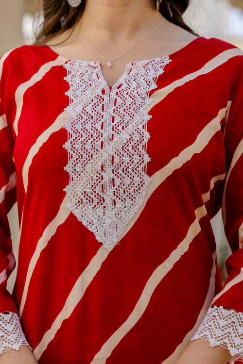 Red Printed Embroidered Pure Cotton Straight Kurta.