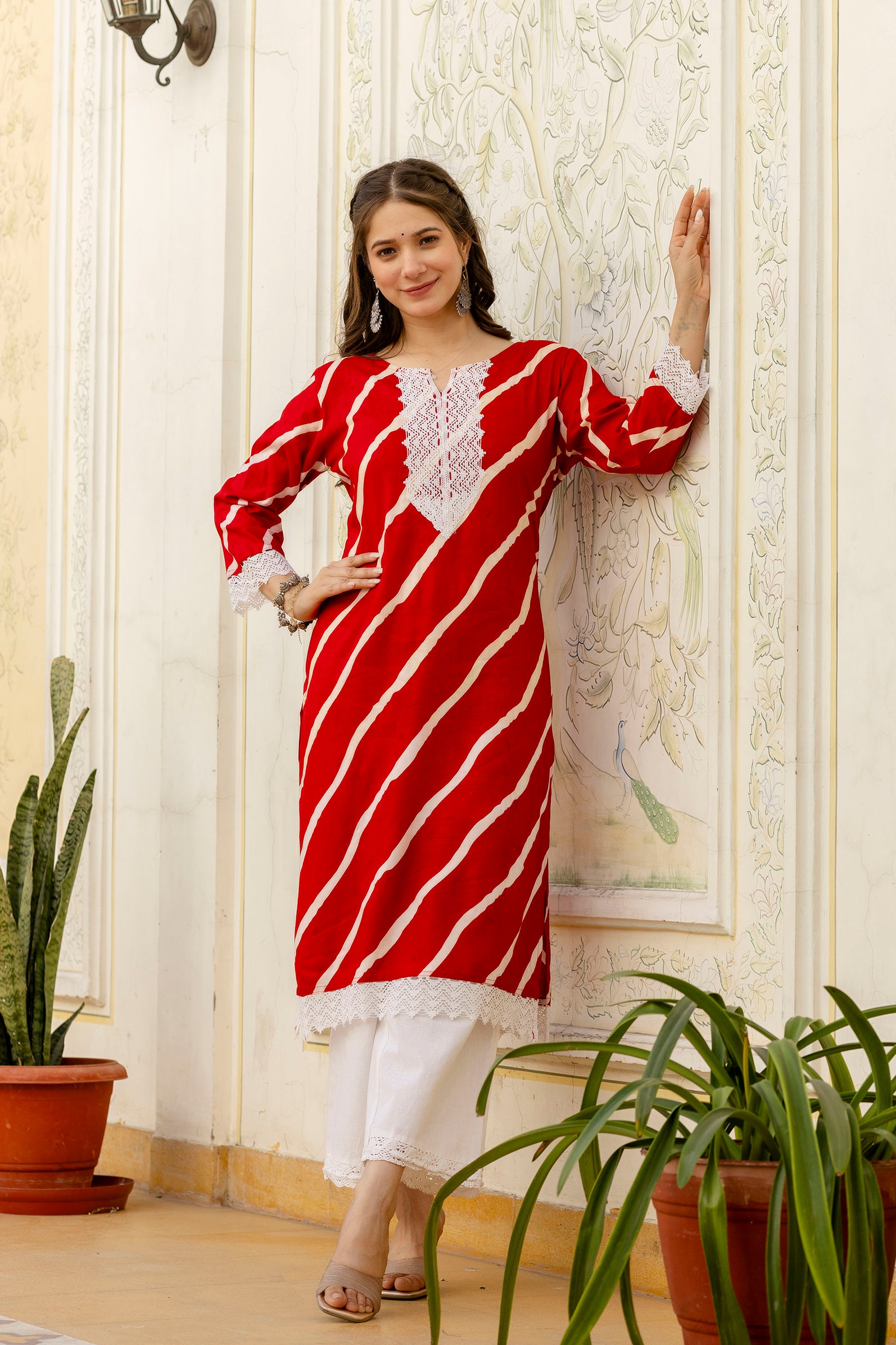 Red Printed Embroidered Pure Cotton Straight Kurta.