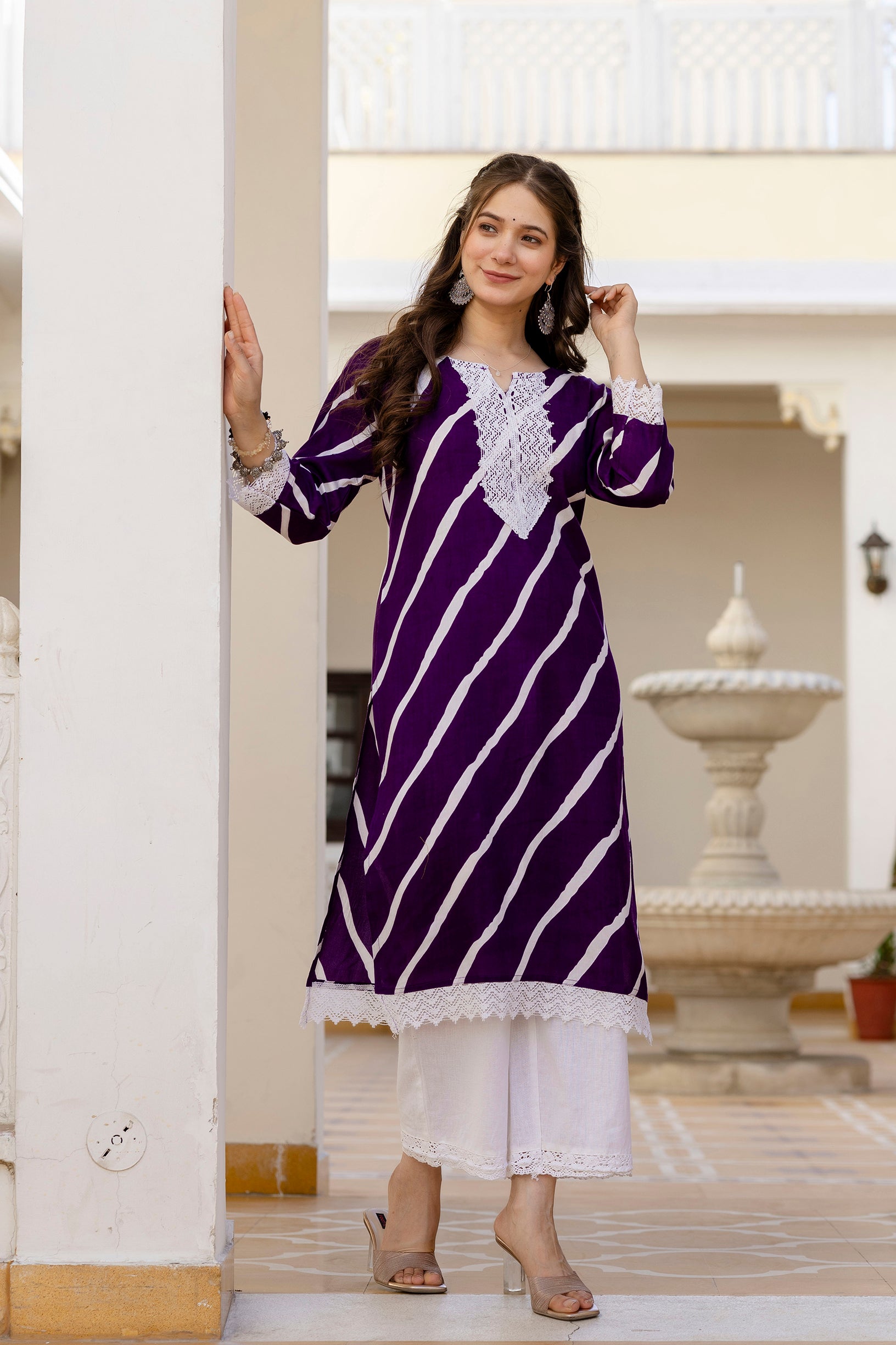 Deep Purple Printed Embroidered Pure Cotton Straight Kurta.
