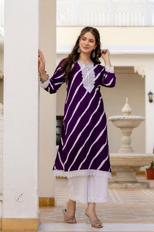 Deep Purple Printed Embroidered Pure Cotton Straight Kurta.