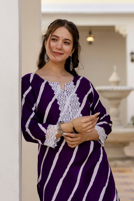 Deep Purple Printed Embroidered Pure Cotton Straight Kurta.