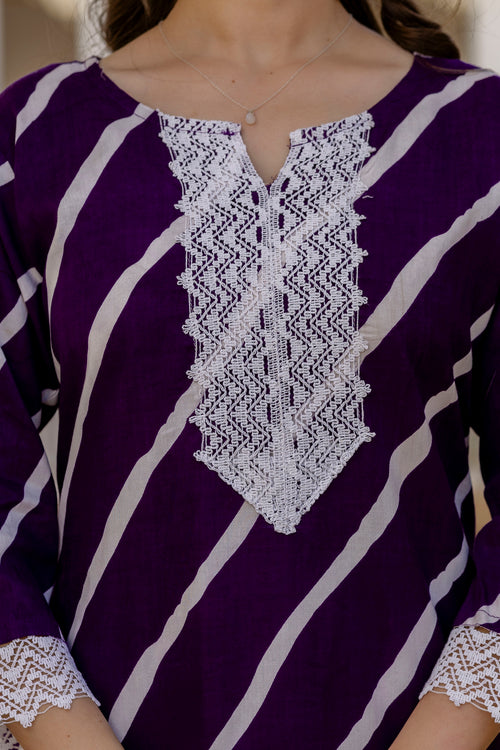 Deep Purple Printed Embroidered Pure Cotton Straight Kurta.